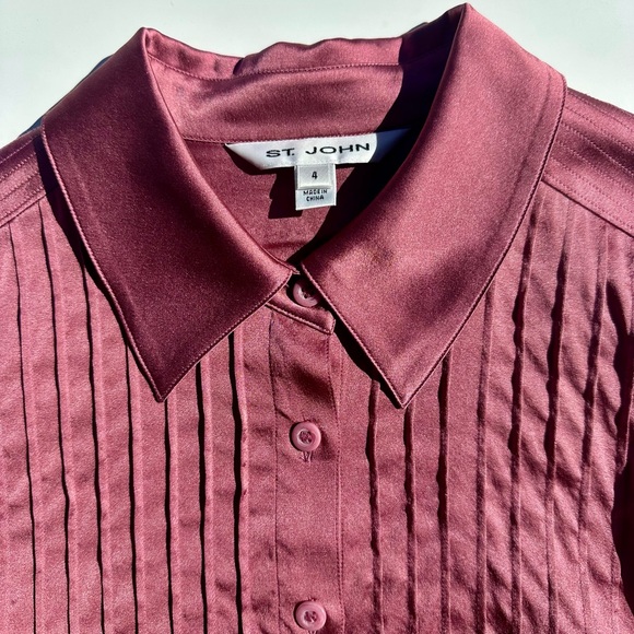 St. John Silk Satin Elegant Pink Mauve Button Up Blouse, Pleated, Stitching, 4 - Picture 5 of 16